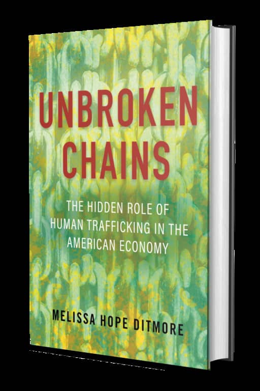 Cover image of the book ‘Unbroken Chains’ by Melissa Hope Ditmore with the title and subtitle of the book superimposed on an abstract image of chains.